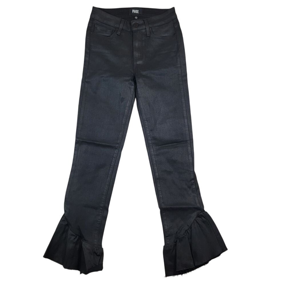 PAIGE Hoxton Straight Ankle Jeans Sz 24 Black Fog Luxe Coating Ruffle Leg Hem